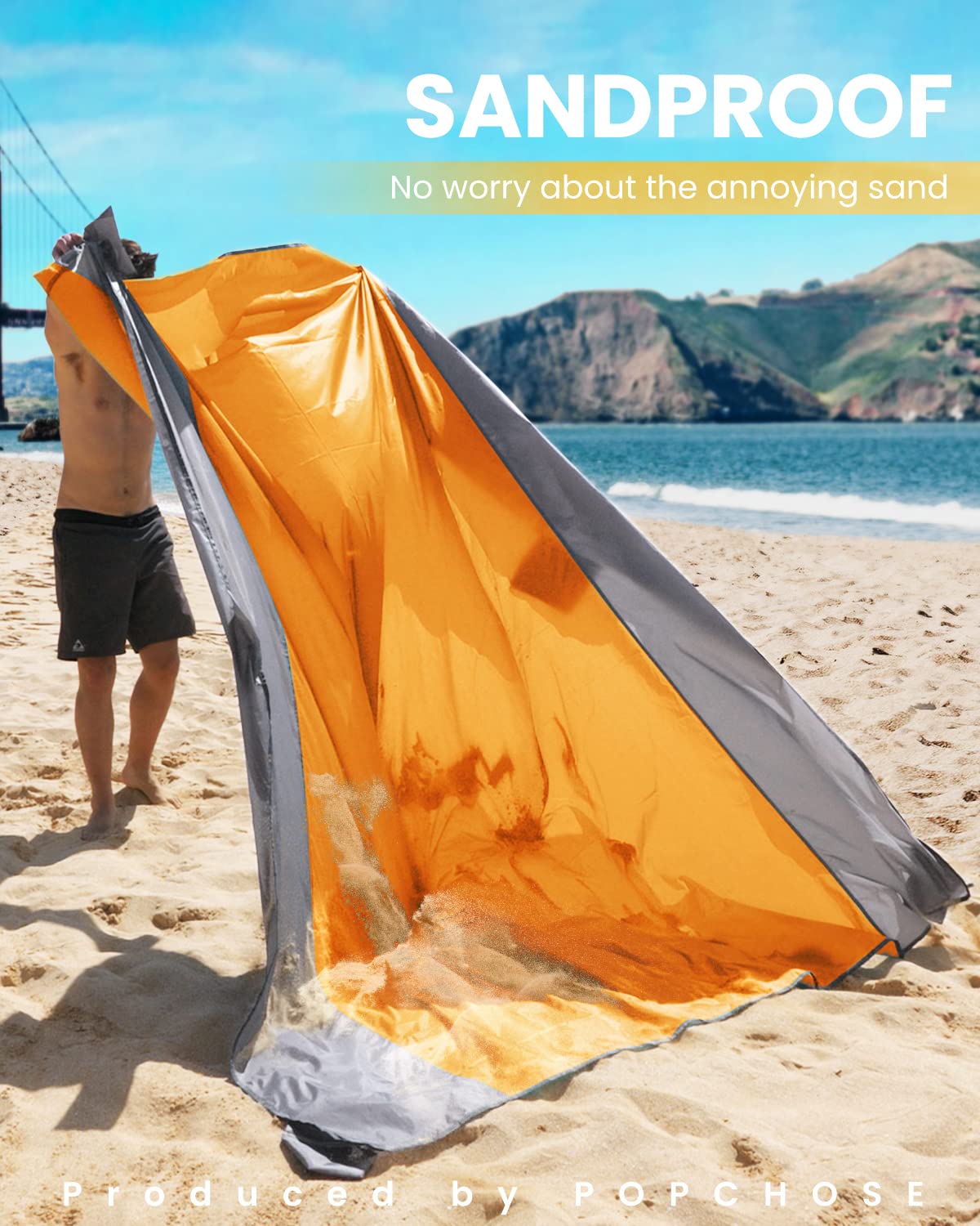 POPCHOSE Beach Blanket, Sandfree Beach Mat ‎108"x85.2"/83"x78" for 7 Persons, Extra Large Beach Blanket Waterproof Sandproof with 6 Stakes, Easy to Clean, Lightweight Compact Beach Accessories