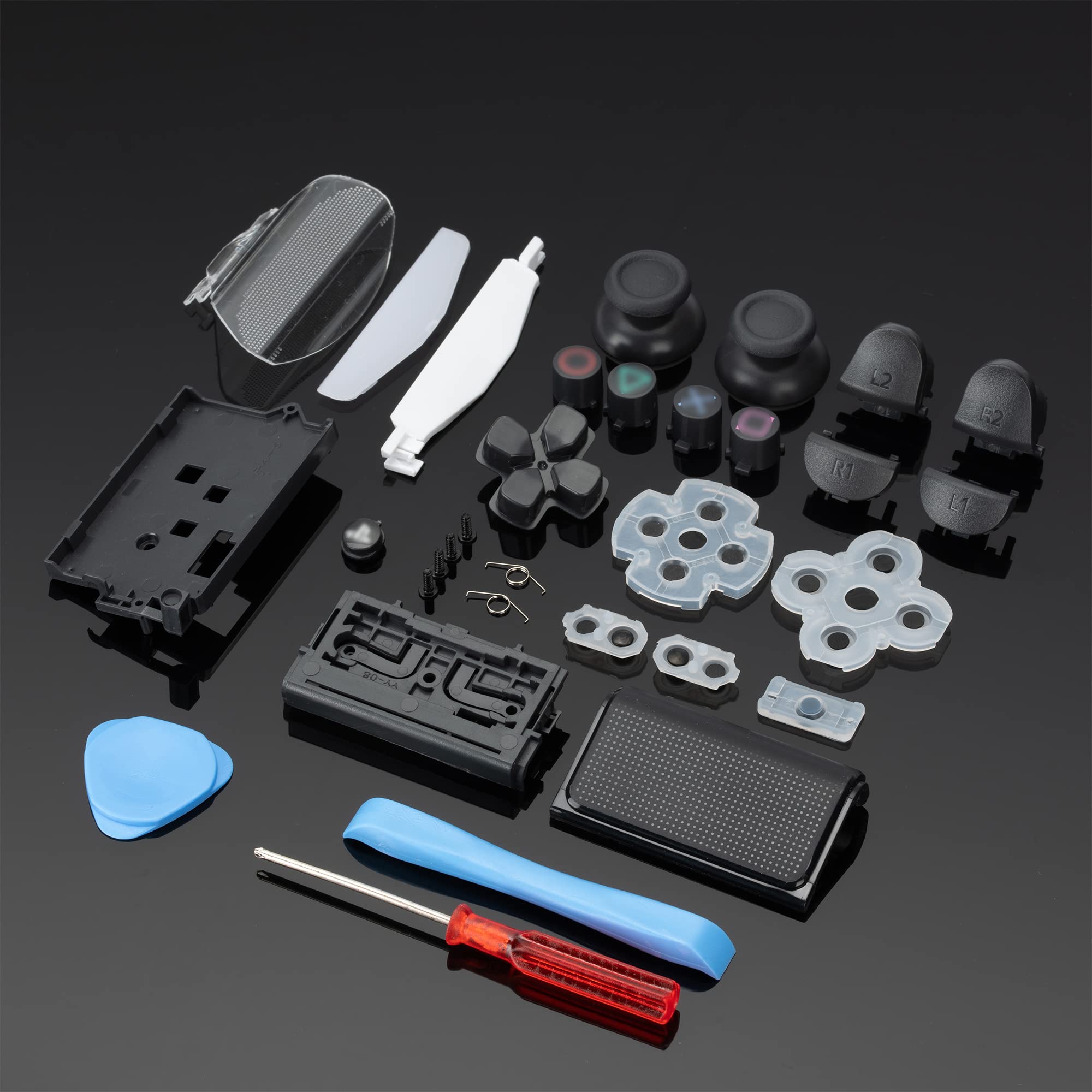 Full Set Replacement Parts for PS4 Controller, Thumbsticks Buttons, L1 R1 L2 R2 Triggers, ABXY Buttons, D-Pad,Conductive Rubber Pads, Springs, TouchPad, Light Bar Cover Repair Kit for PS4 JDM-050,055