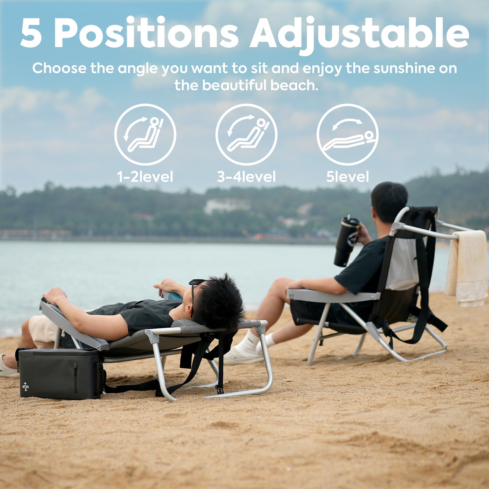 ICECO Backpacking Beach Chairs for Adults, 5 Positions Reclining Beach Chair, Heavy Duty Folding Beach Chairs, Portable Lay Flat Outdoor Chair with Cup Holder for Beach, Camping, Lawn, 350lb Capacity