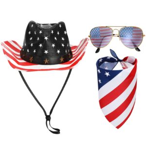 jeere 3 pcs american flag cowboy hat with bandana and glasses vintage outdoor usa hats with strap western party memorial day(usa flag)