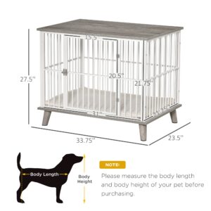 PawHut Dog Crate Furniture, Wooden End Table with Cushion & Lockable Door, Medium Size Pet Crate Indoor Puppy Cage, Grey