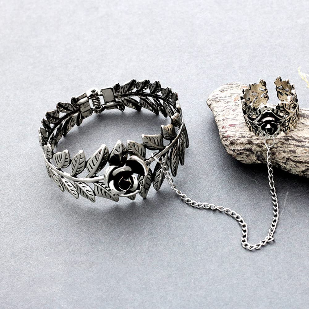 Asphire Gothic Leaf Vine Bracelet with Finger Ring Retro Silver Rose Slave Bracelet Punk Hip Hop Hand Finger Chain Harness Bracelet Jewelry for Women