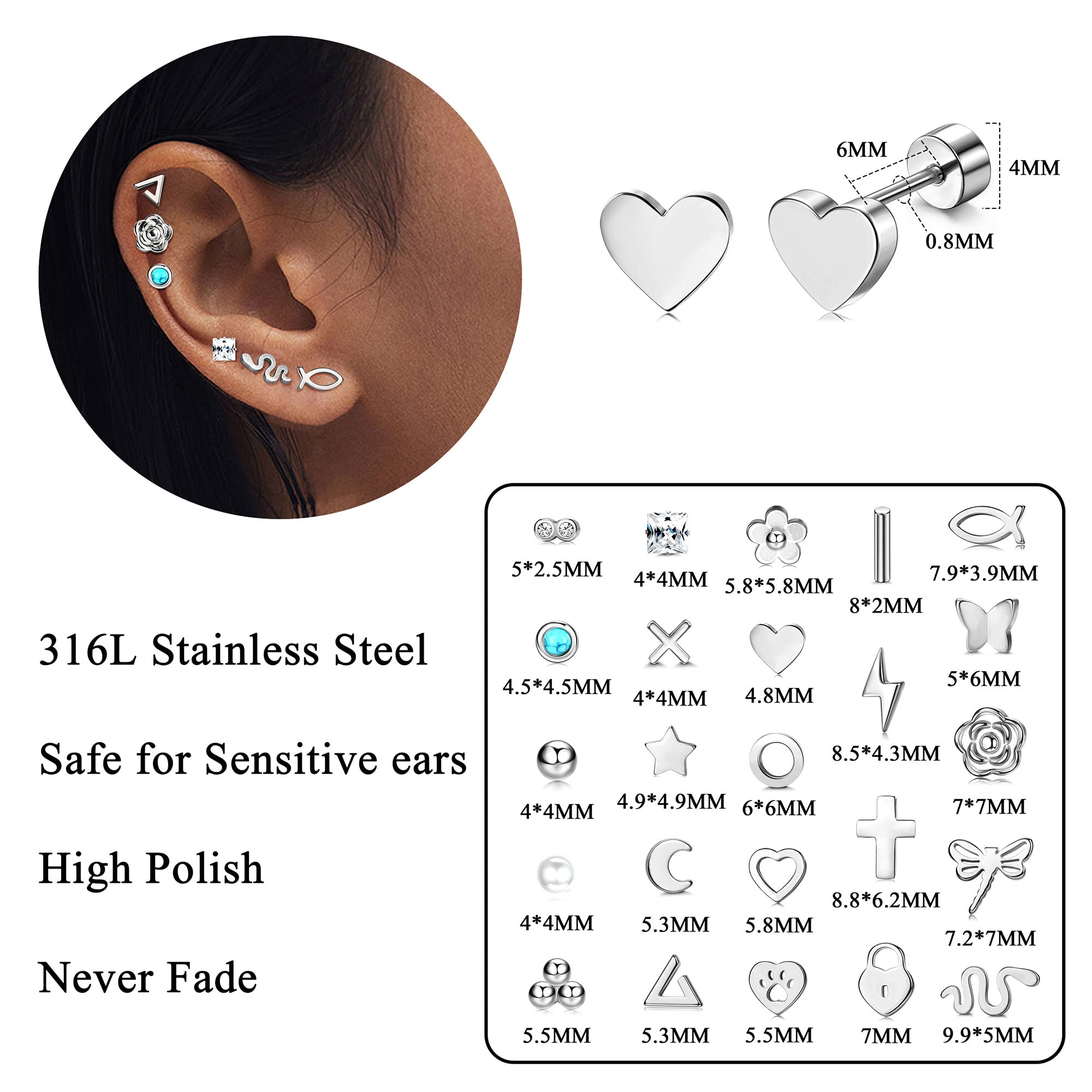 Sanfenly 24 Pairs Stainless Steel Stud Earrings Set for Women Men 20G Tiny Cartlidge Earrings Stud Geometric Star Triangle Moon Heart Snake Butterfly Ball CZ Turquoise Small