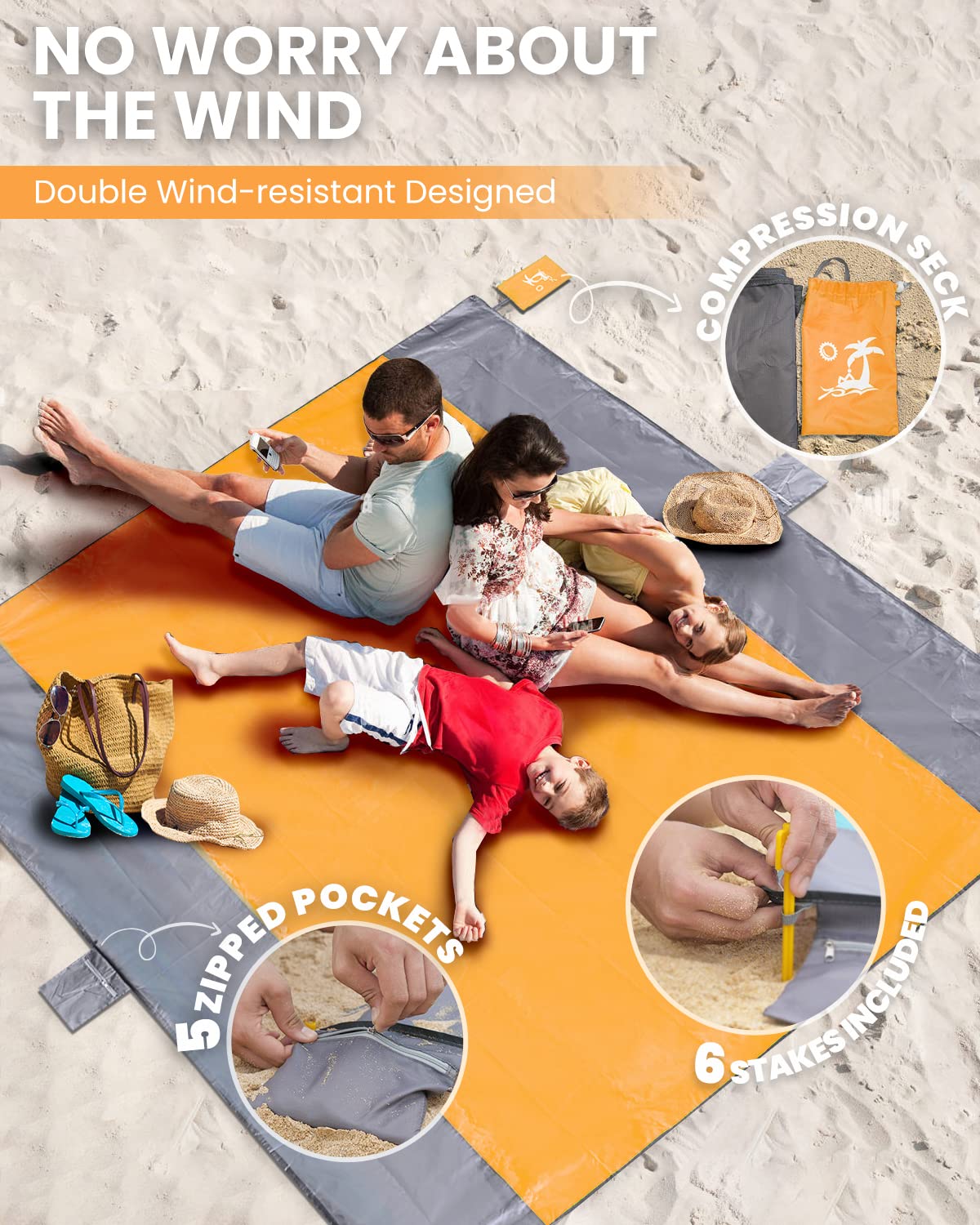 POPCHOSE Beach Blanket, Sandfree Beach Mat ‎108"x85.2"/83"x78" for 7 Persons, Extra Large Beach Blanket Waterproof Sandproof with 6 Stakes, Easy to Clean, Lightweight Compact Beach Accessories