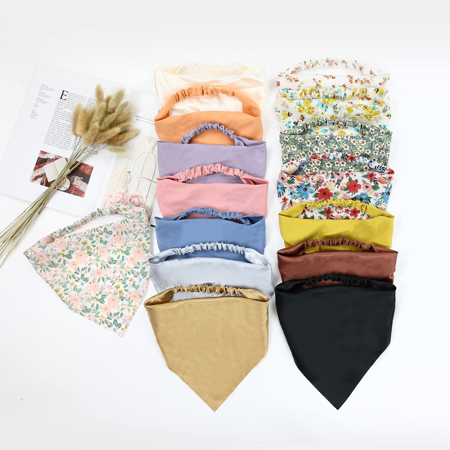 Lawie 15 Pack Large Solid Colorful Floral Bandana Headband Triangle Satin Silk Blank Plain Boho Hair Scarf Headbands Elastic Kerchief Neckerchief Head Neck Scarves Hand Wrap Hairbands for Women Girl