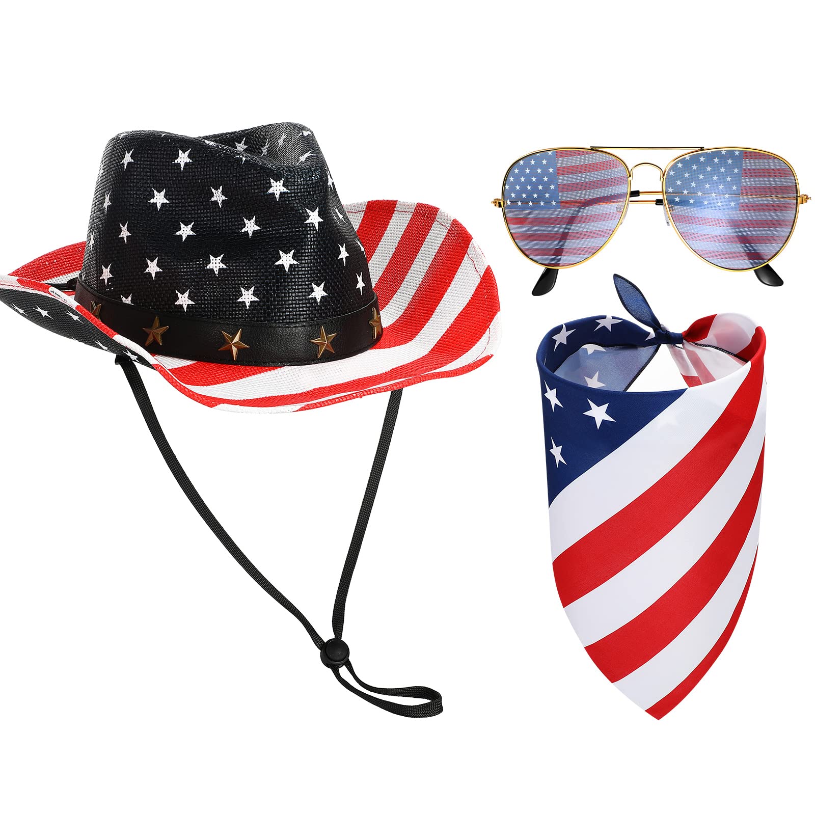 Jeere 3 Pcs American Flag Cowboy Hat with Bandana and Glasses Vintage Outdoor USA Hats with Strap Western Party Memorial Day(USA Flag)