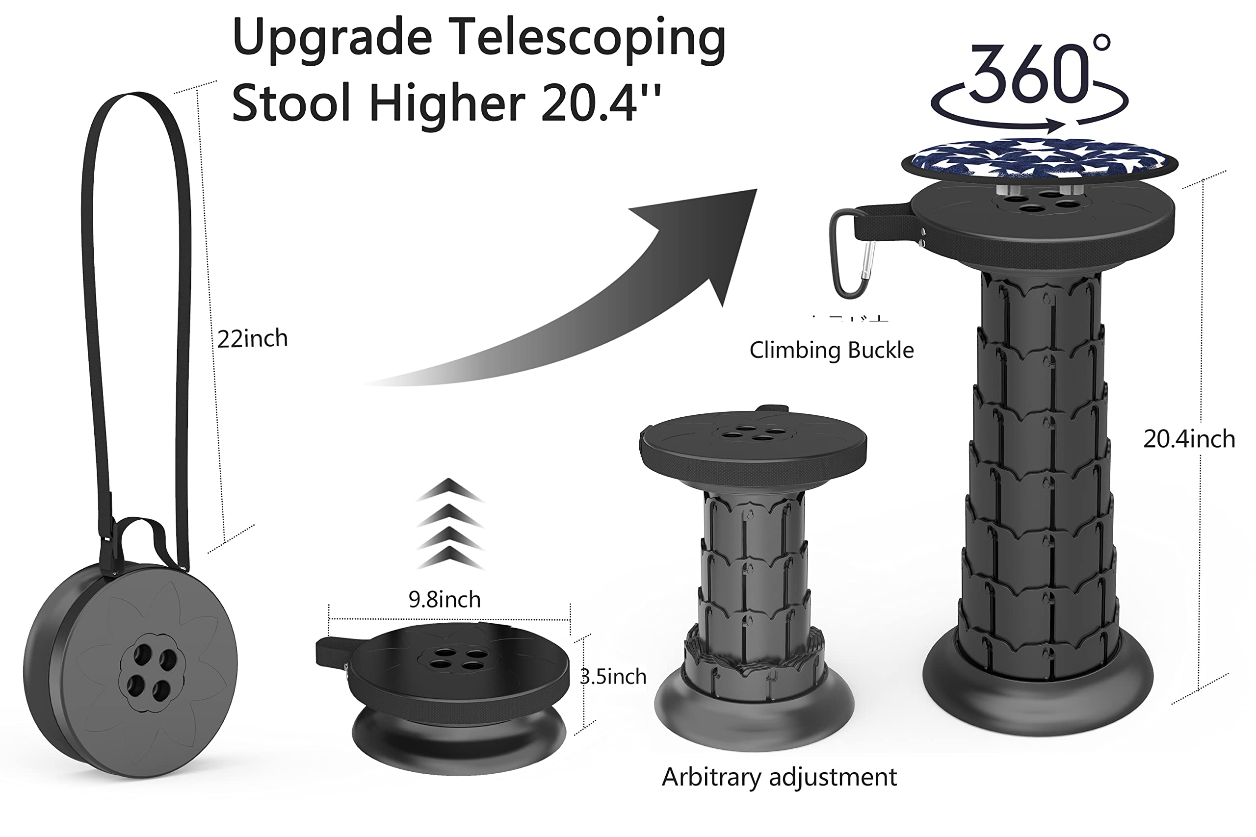 20.4“Telescoping Stool with Cushion,Portable Camping Stool More Sturdy Capacity 550Ib,Collapsible Retractable Stool Adjustable Folding Stool for Garden Fishing Hiking BBQ with Carry Bag,Carabiner