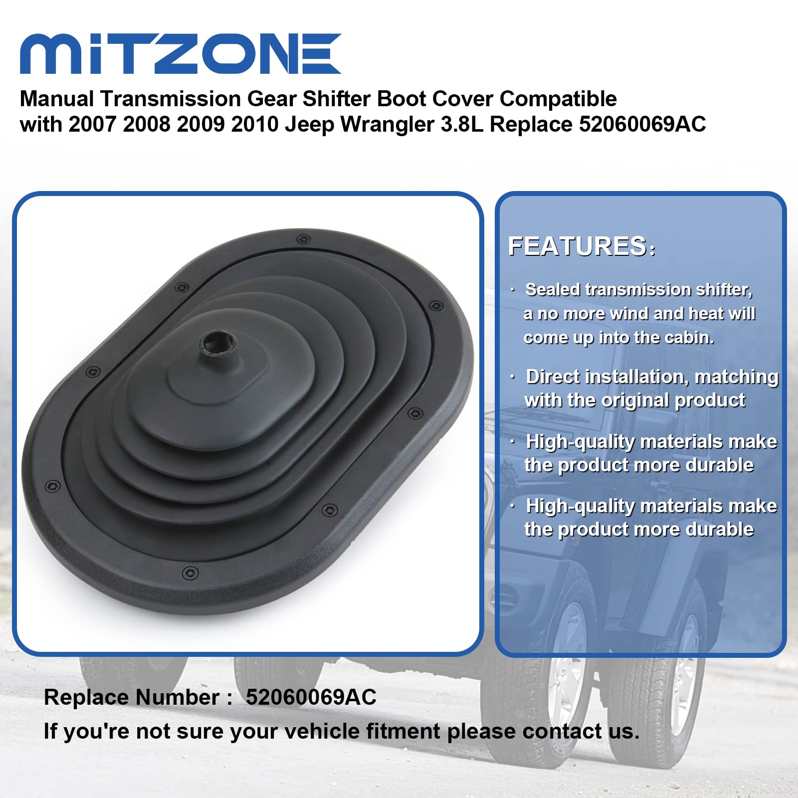 MITZONE Manual Transmission Gear Shifter Boot Cover Compatible with Jeep Wrangler JK 3.8L 2007 2008 2009 2010 Replace 52060069AC