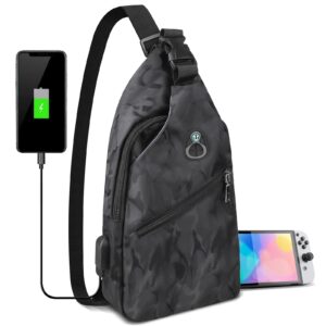 sling crossbody backpack for nintendo switch/lite/oled, portable waterproof shoulder chest carrying travel bag for ns console dock joy-cons & accessories storage for men, usb charging port, black