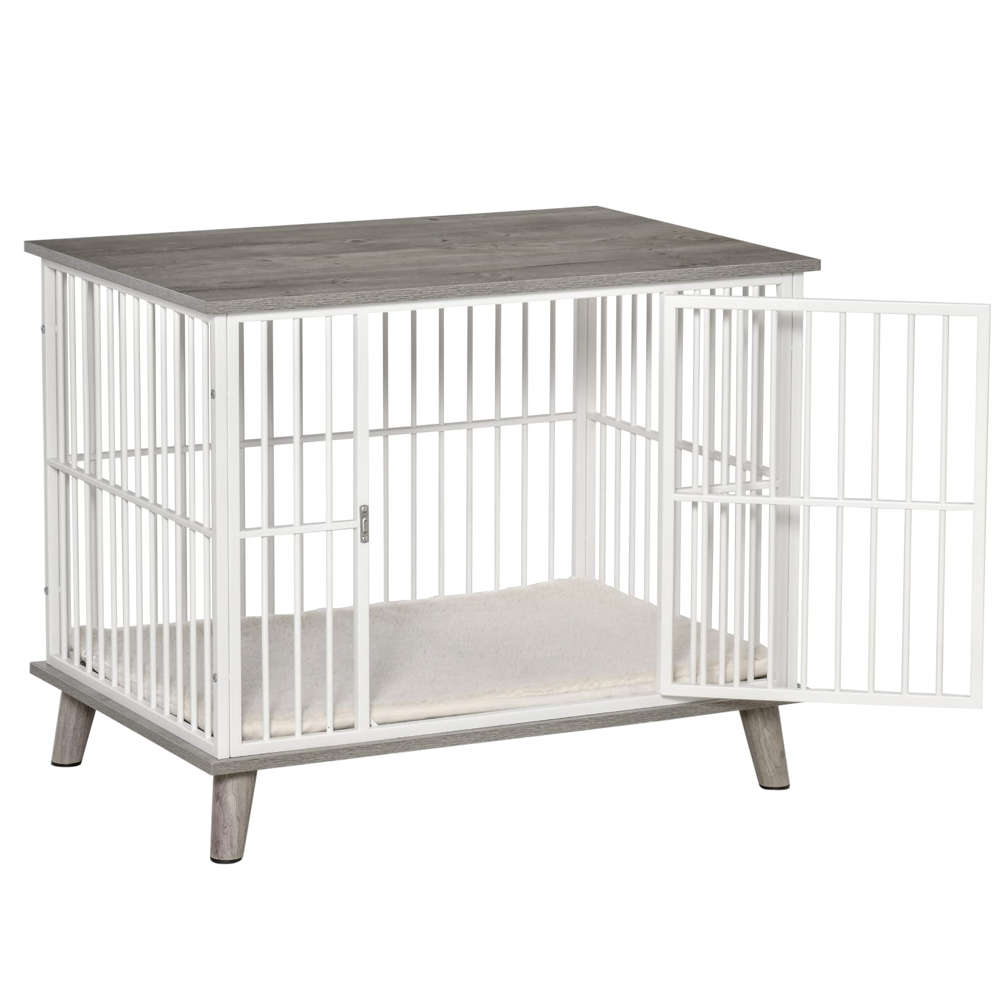 PawHut Dog Crate Furniture, Wooden End Table with Cushion & Lockable Door, Medium Size Pet Crate Indoor Puppy Cage, Grey