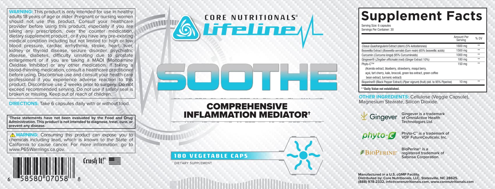 Core Nutritionals Lifeline Soothe, Comprehensive Inflammation Mediator, 180 Capsules