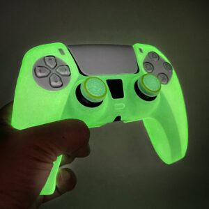 HLRAO Green Anti-Slip Glow in The Dark Protective Silicone Cover Skin Grips Compatible with PS5 Controller,8 PCS Thumb Grips Caps and 2 Grips Caps Glow in The Dark.