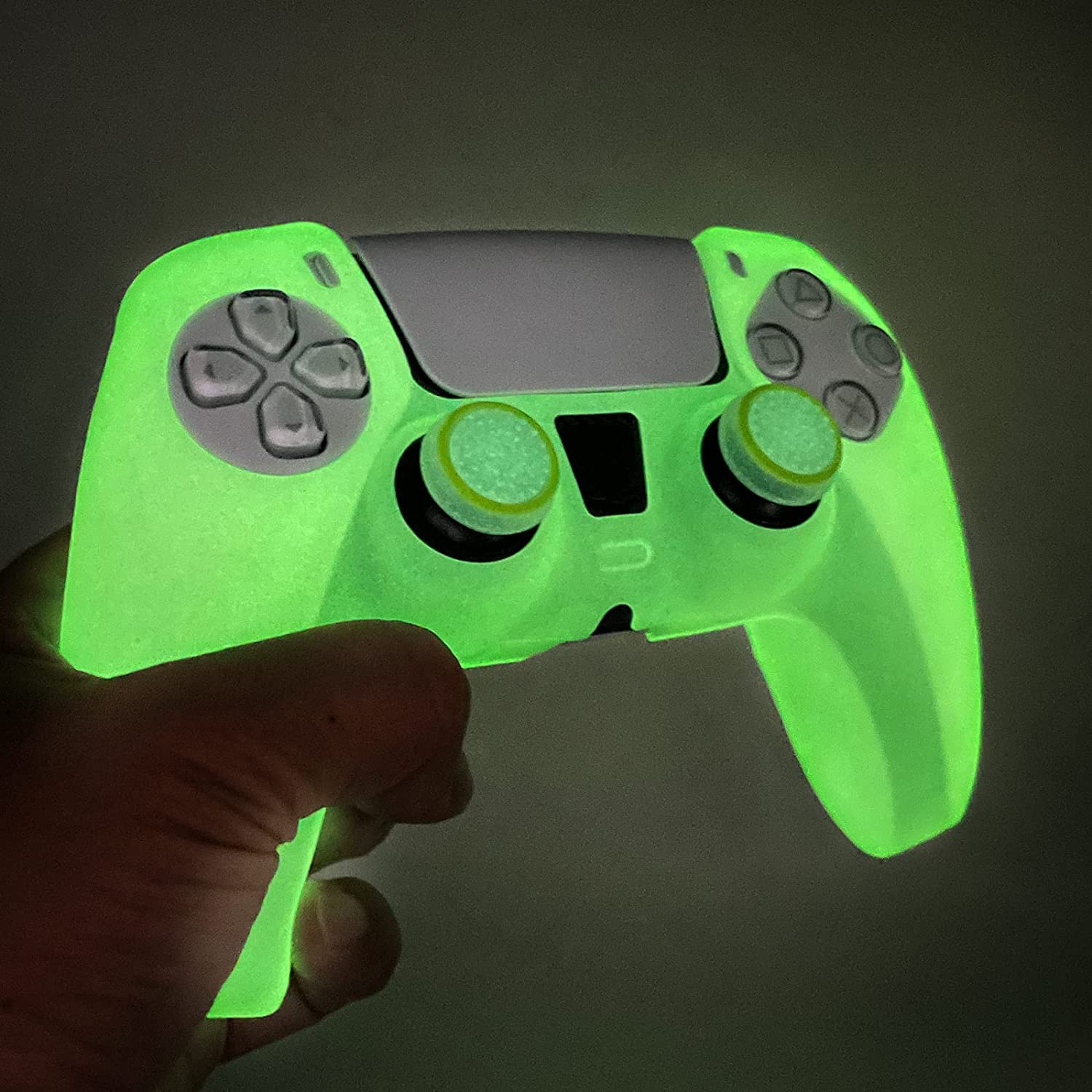 HLRAO Green Anti-Slip Glow in The Dark Protective Silicone Cover Skin Grips Compatible with PS5 Controller,8 PCS Thumb Grips Caps and 2 Grips Caps Glow in The Dark.