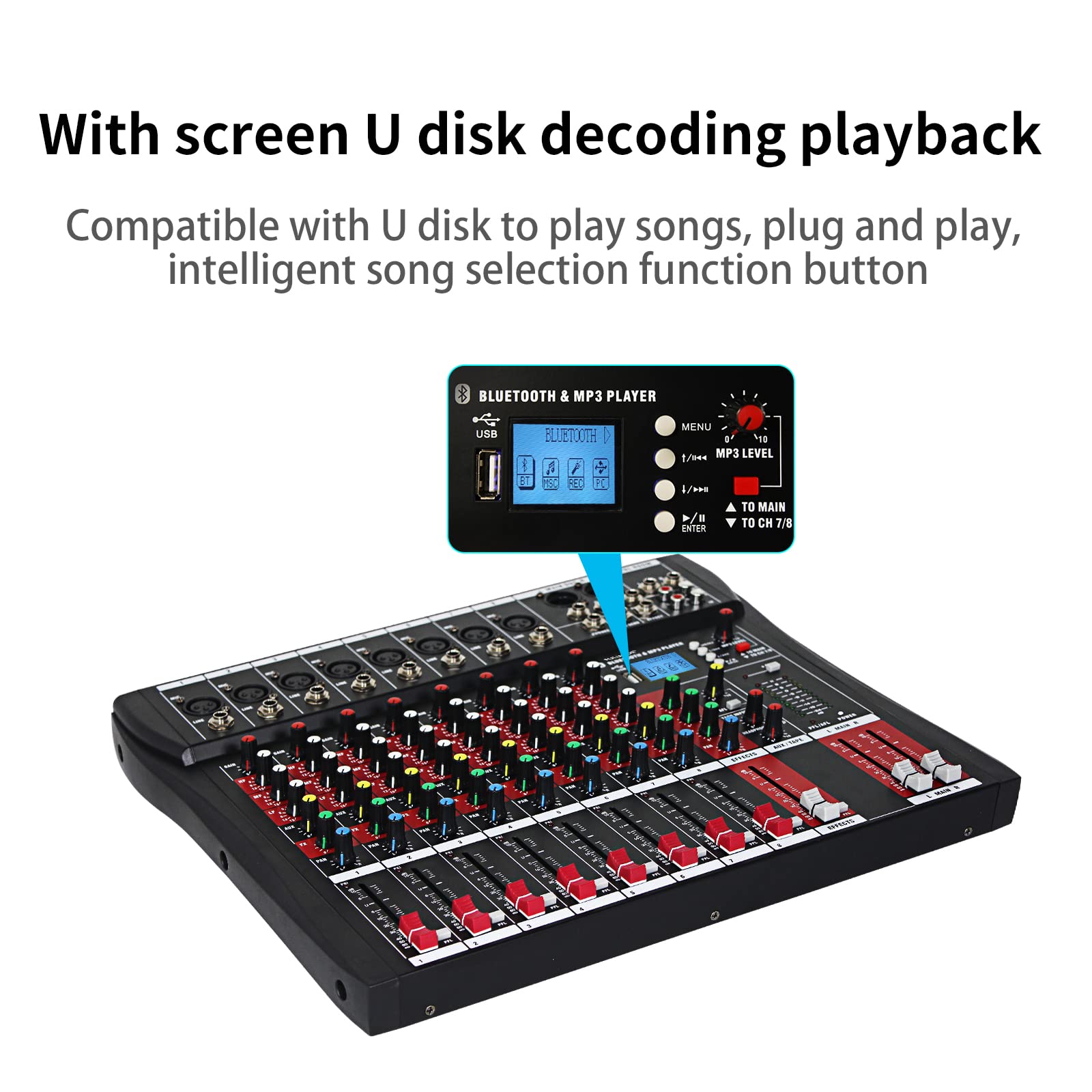 FULODE CT-80S Professional audio mixer 8 Channel with MP3 Player+Bluetooth U disk 48V Phantom Power Source USB recording