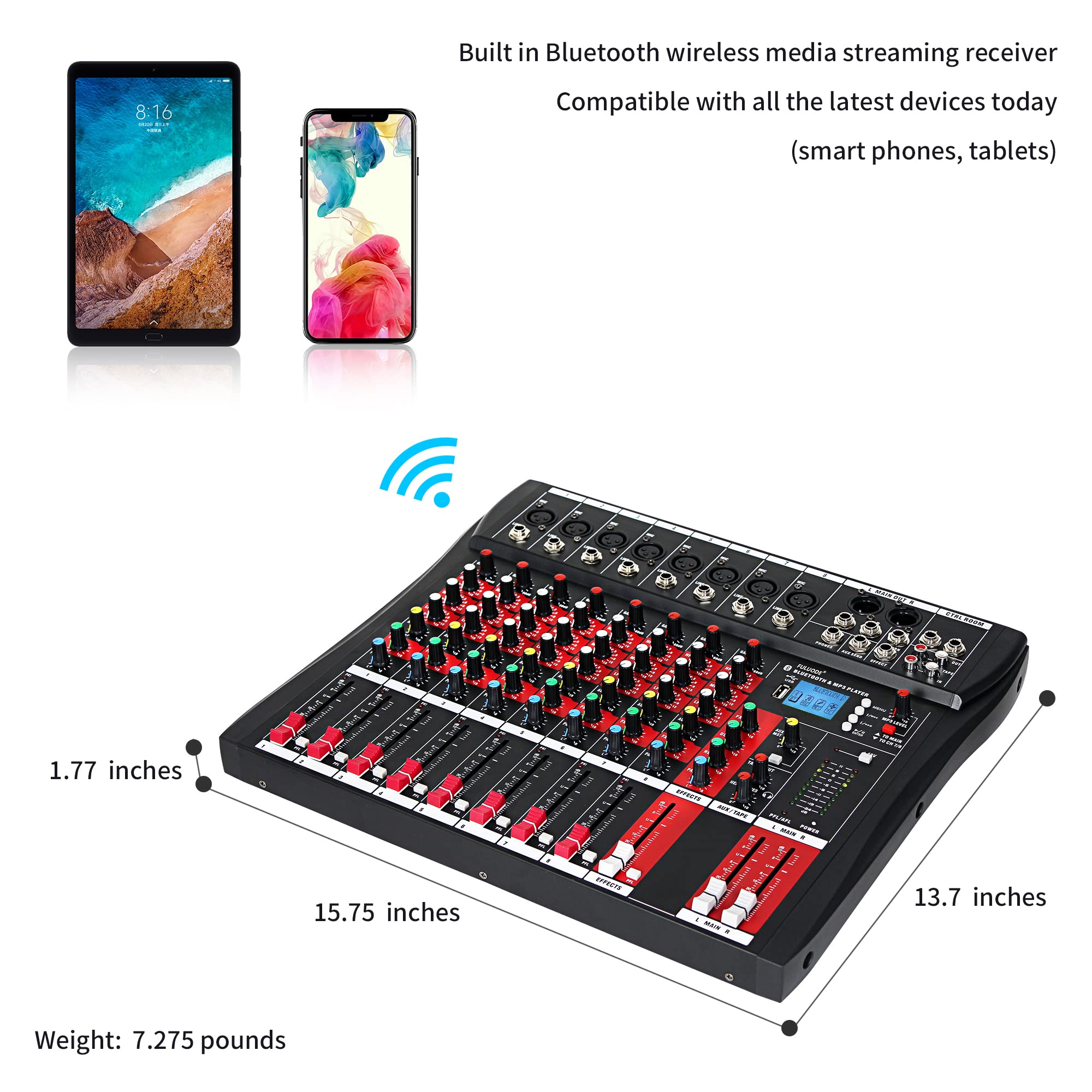 FULODE CT-80S Professional audio mixer 8 Channel with MP3 Player+Bluetooth U disk 48V Phantom Power Source USB recording