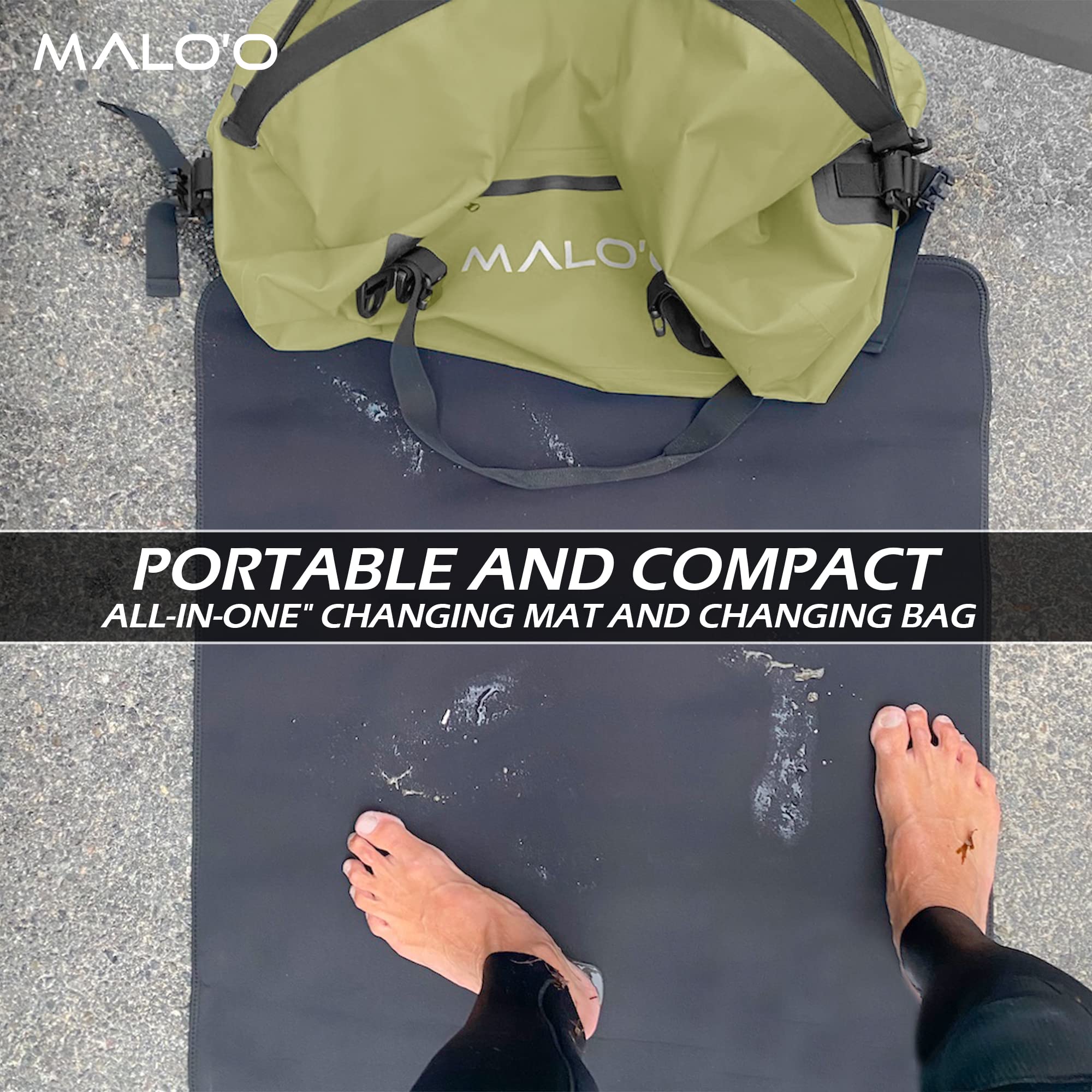 Malo'o 3-in-1 Wetsuit Changing Bag – Integrated changing mat, wetsuit watertight carry bag and XL 60 Liter Roll-Top Dry Bag. Surfing, Paddle-Boarding