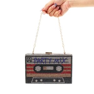 ZLM BAG US Retro Cassette Evening Clutch Purse Crystal Inlaid Bling Crossbody Shoulder Bag for Graduation Wedding Party