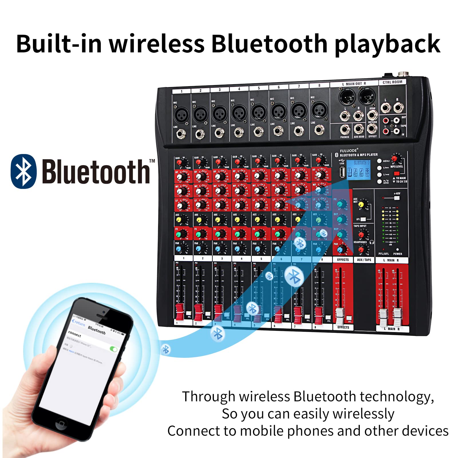 FULODE CT-80S Professional audio mixer 8 Channel with MP3 Player+Bluetooth U disk 48V Phantom Power Source USB recording