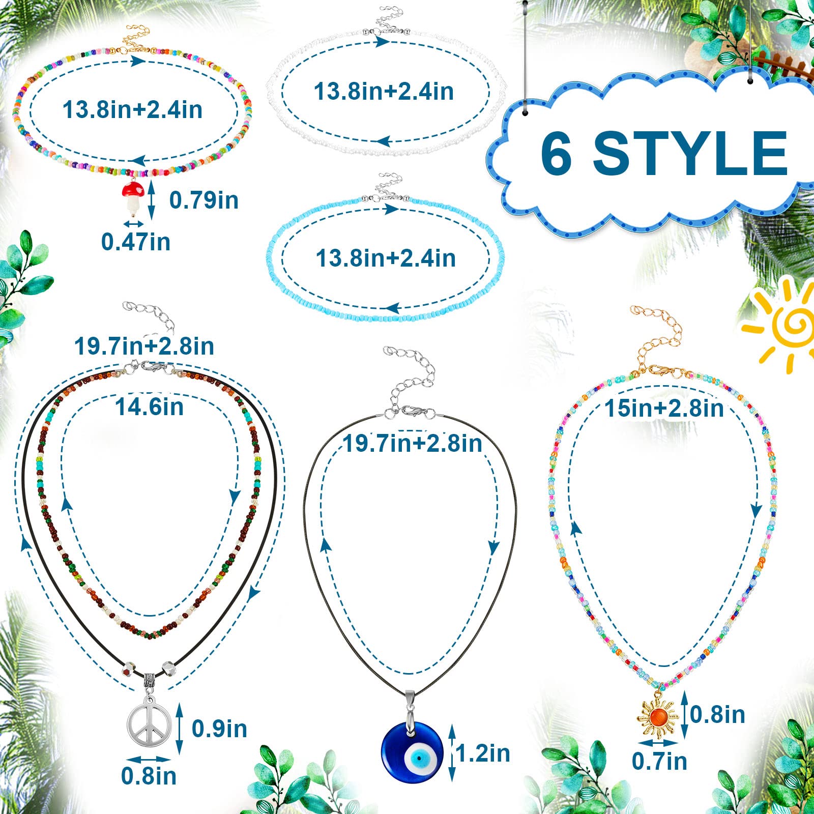 6 Pieces Hippie Aesthetic Indie Necklace Preppy Mushroom Alt Necklaces Evil Eye Choker Y2K Cottagecore Jewelry for Women