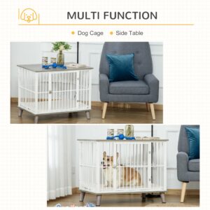 PawHut Dog Crate Furniture, Wooden End Table with Cushion & Lockable Door, Medium Size Pet Crate Indoor Puppy Cage, Grey