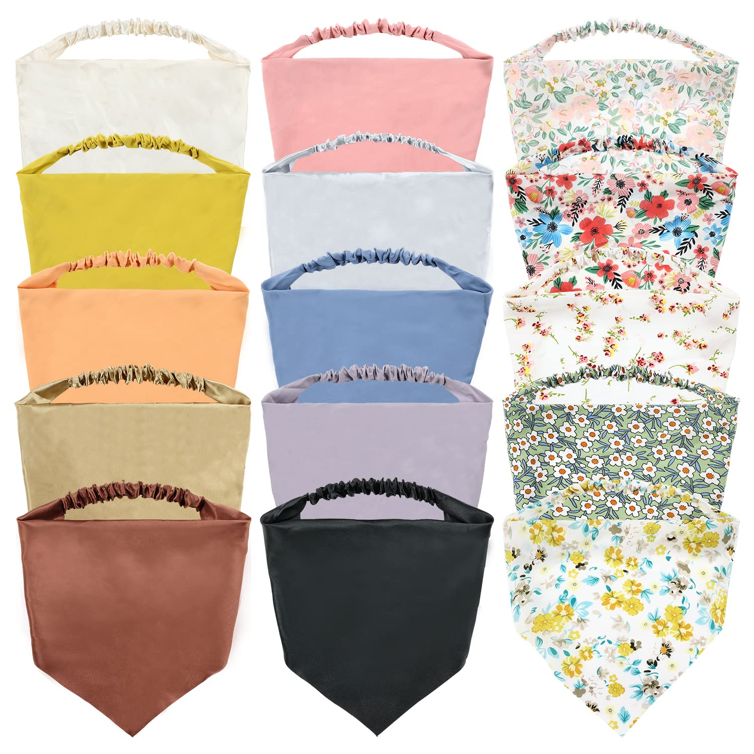 Lawie 15 Pack Large Solid Colorful Floral Bandana Headband Triangle Satin Silk Blank Plain Boho Hair Scarf Headbands Elastic Kerchief Neckerchief Head Neck Scarves Hand Wrap Hairbands for Women Girl