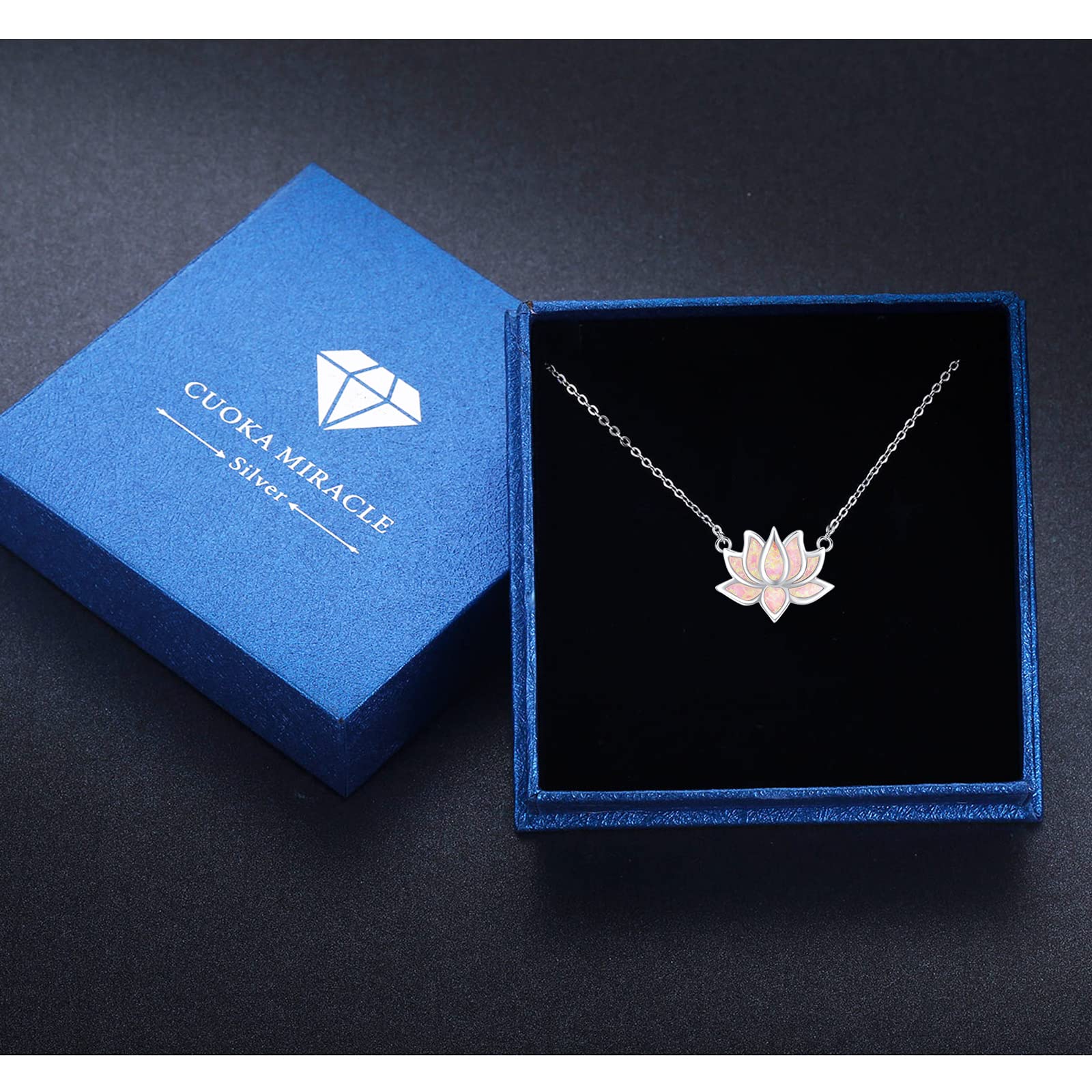 CUOKA MIRACLE Lotus Necklace 925 Sterling Silver Pink Opal Pendant Necklace Lotus Flower Necklace Yoga Relax Necklace Birthday Gift for Women Mom Mothers Day