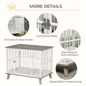 PawHut Dog Crate Furniture, Wooden End Table with Cushion & Lockable Door, Medium Size Pet Crate Indoor Puppy Cage, Grey