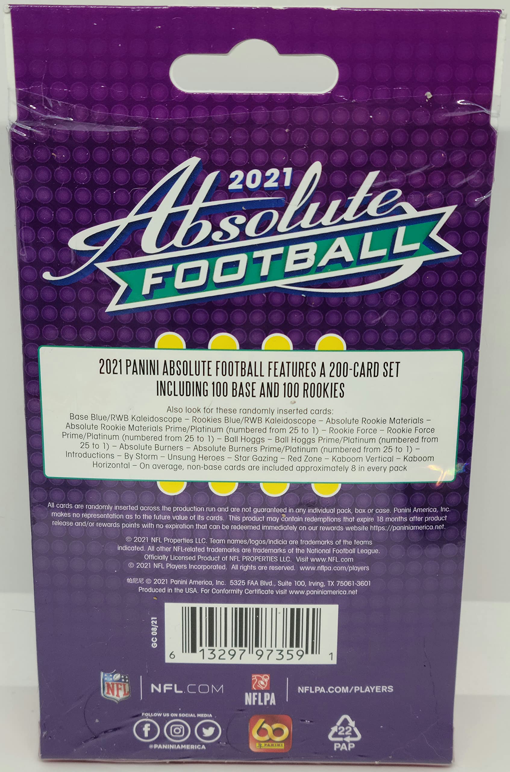 2021 Panini Absolute Football Trading Cards Hanger Box (50 cards per box)