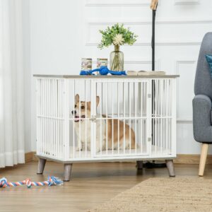 PawHut Dog Crate Furniture, Wooden End Table with Cushion & Lockable Door, Medium Size Pet Crate Indoor Puppy Cage, Grey