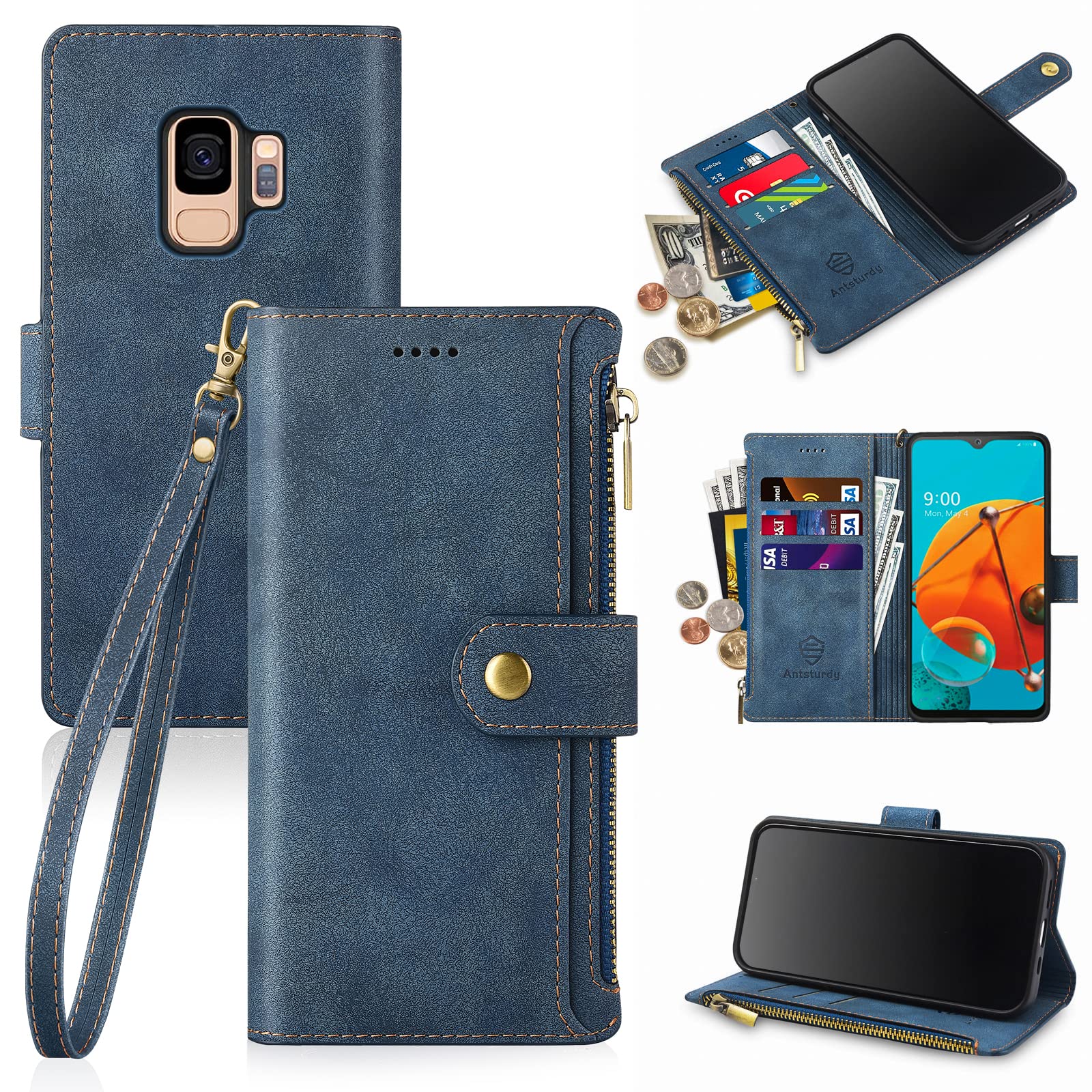 Antsturdy Samsung Galaxy S9 Wallet case with Card Holder for Women Men,Galaxy S9 Phone case RFID Blocking PU Leather Flip Shockproof Cover with Strap Zipper Credit Card Slots,Blue