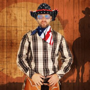 Jeere 3 Pcs American Flag Cowboy Hat with Bandana and Glasses Vintage Outdoor USA Hats with Strap Western Party Memorial Day(USA Flag)