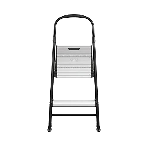 COSCO 2-Step Aluminum Folding Step Stool with Rubber Hand Grip, Black