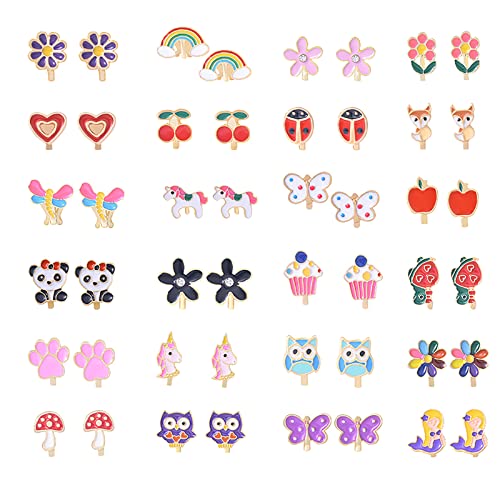 24 Pairs Clip On Earrings Non Piercing Earrings Hypoallergenic Animal Butterfly Rainbow Flower Mixed Color Painless Non-Piercing Earrings Pack