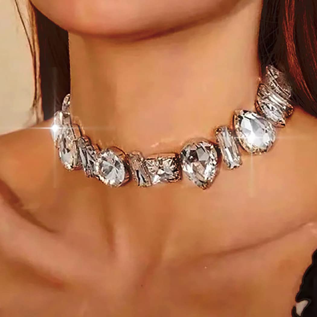 JEAIRTS Rhinestone Choker Necklace Sparkly Crystal Choker Statement Prom Necklaces for Women(1-Silver)