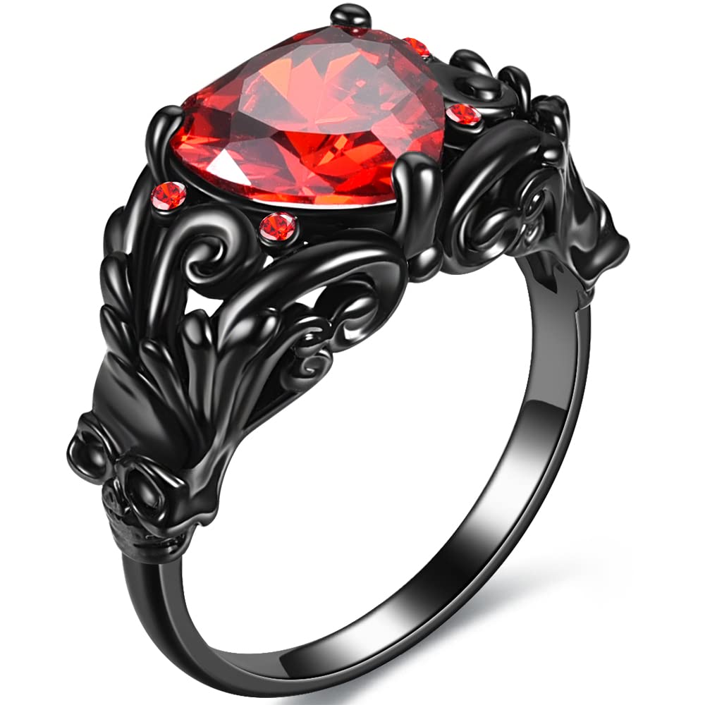 Gothic Skull Rings Heart Cubic Zirconia Crystal Women Wedding Ring for Women Gifts Statement Cocktail Party Biker Ring Jewelry (Red, 7)