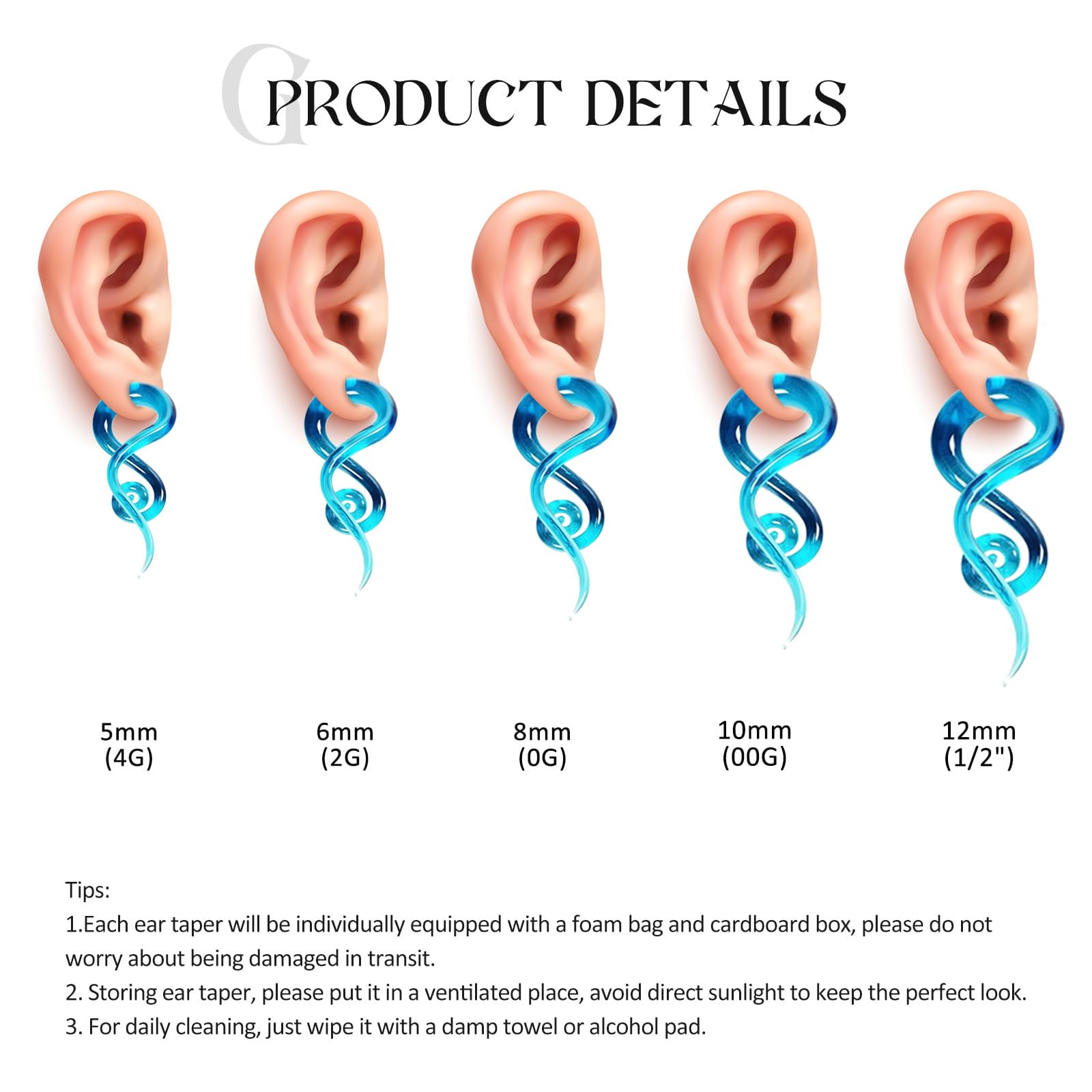 Glupez 2PCS Glass Spiral Ear Tapers Ear Plugs Expander Stretcher Hanger Twist Ear Gauges Earrings Stretching Tunnels Body Piercing Jewelry for Women Men 2G 6MM Blue