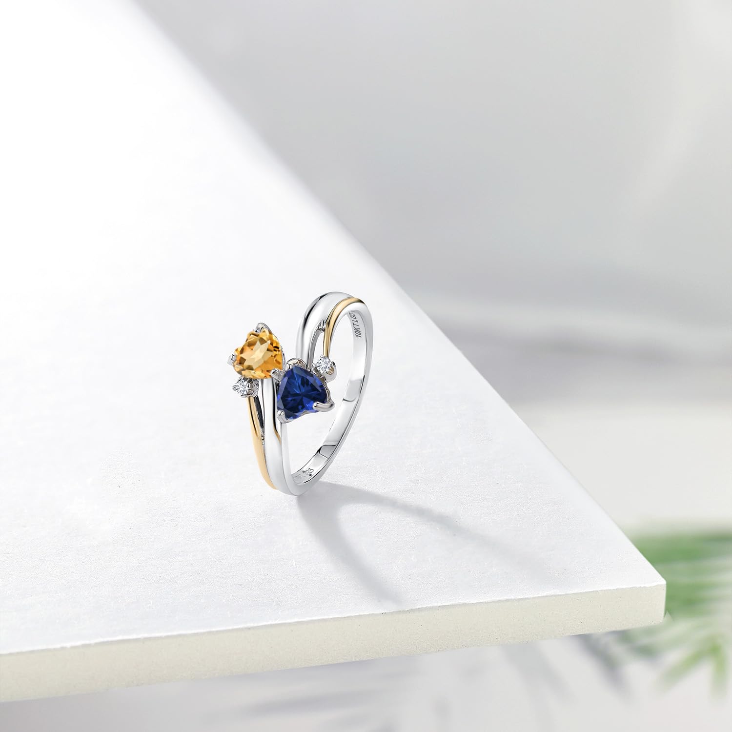 925 Sterling Silver and 10K Yellow Gold Yellow Citrine Blue Created Sapphire and White Lab Grown Diamond 2 Heart Promise Couple Engagement Mother Ring (0.98 Cttw, Gemstone Birthstone) (Size 6)