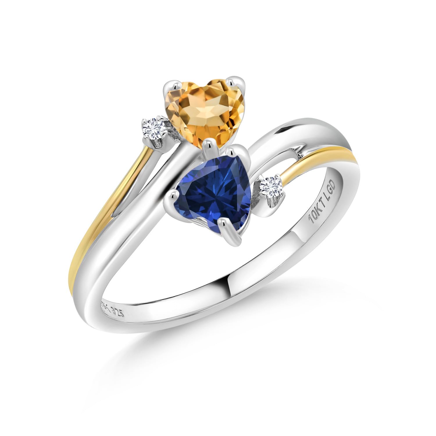 925 Sterling Silver and 10K Yellow Gold Yellow Citrine Blue Created Sapphire and White Lab Grown Diamond 2 Heart Promise Couple Engagement Mother Ring (0.98 Cttw, Gemstone Birthstone) (Size 6)