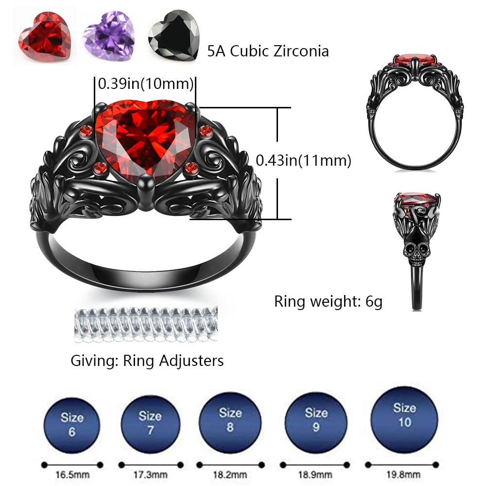 Gothic Skull Rings Heart Cubic Zirconia Crystal Women Wedding Ring for Women Gifts Statement Cocktail Party Biker Ring Jewelry (Red, 7)