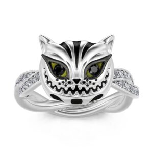 jeulia sterling silver cheshire cat rings for women ​enamel rings handmade diamond white fancy black cubic zirconia ​bridal set wedding anniversary engagement promise with jewelry gift box, silver,