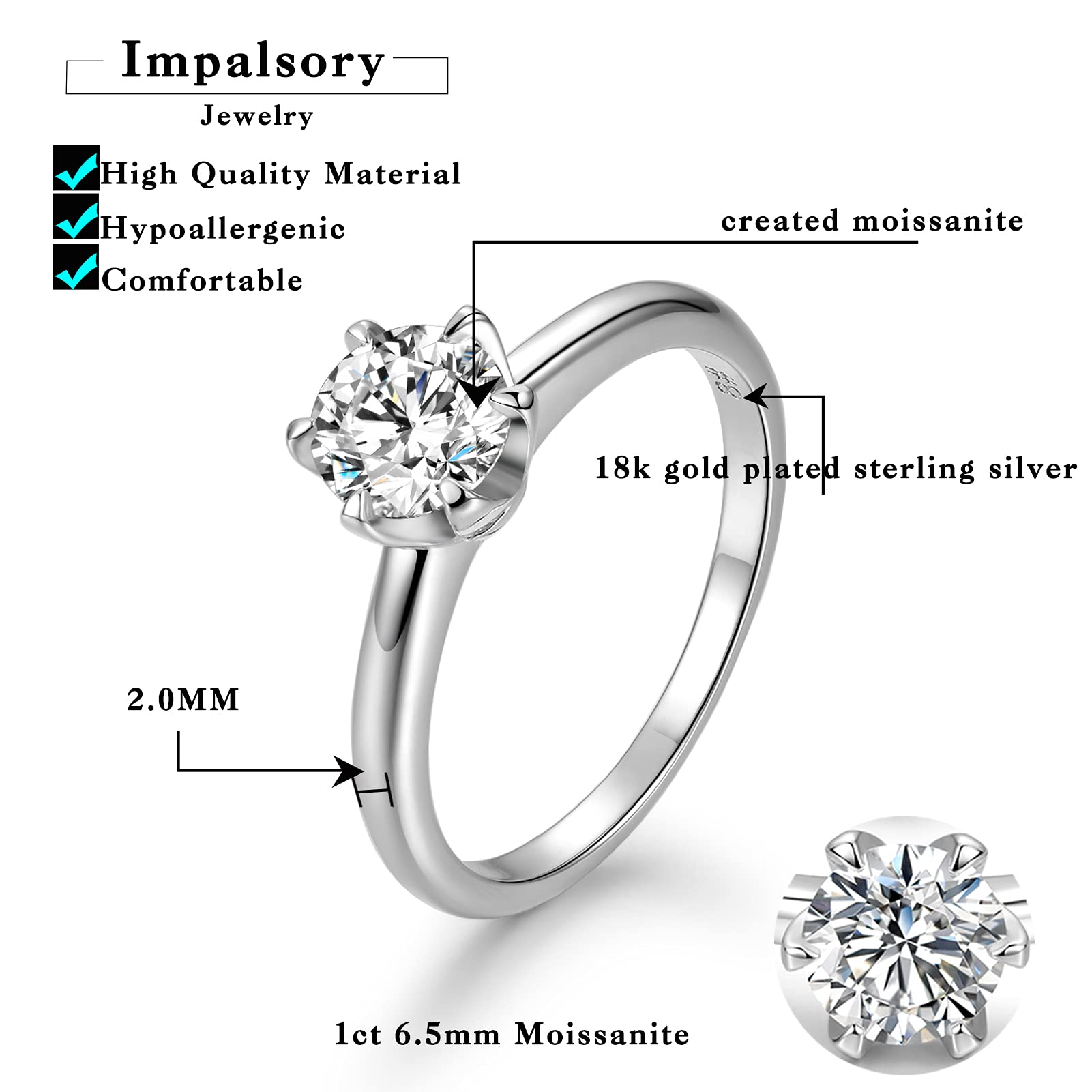 Impalsory Moissanite Wedding Band, 2ct 8.0mm Moissanite Rings for Women 925 Sterling Silver Round Solitaire Engagement Stackable Rings Size 5