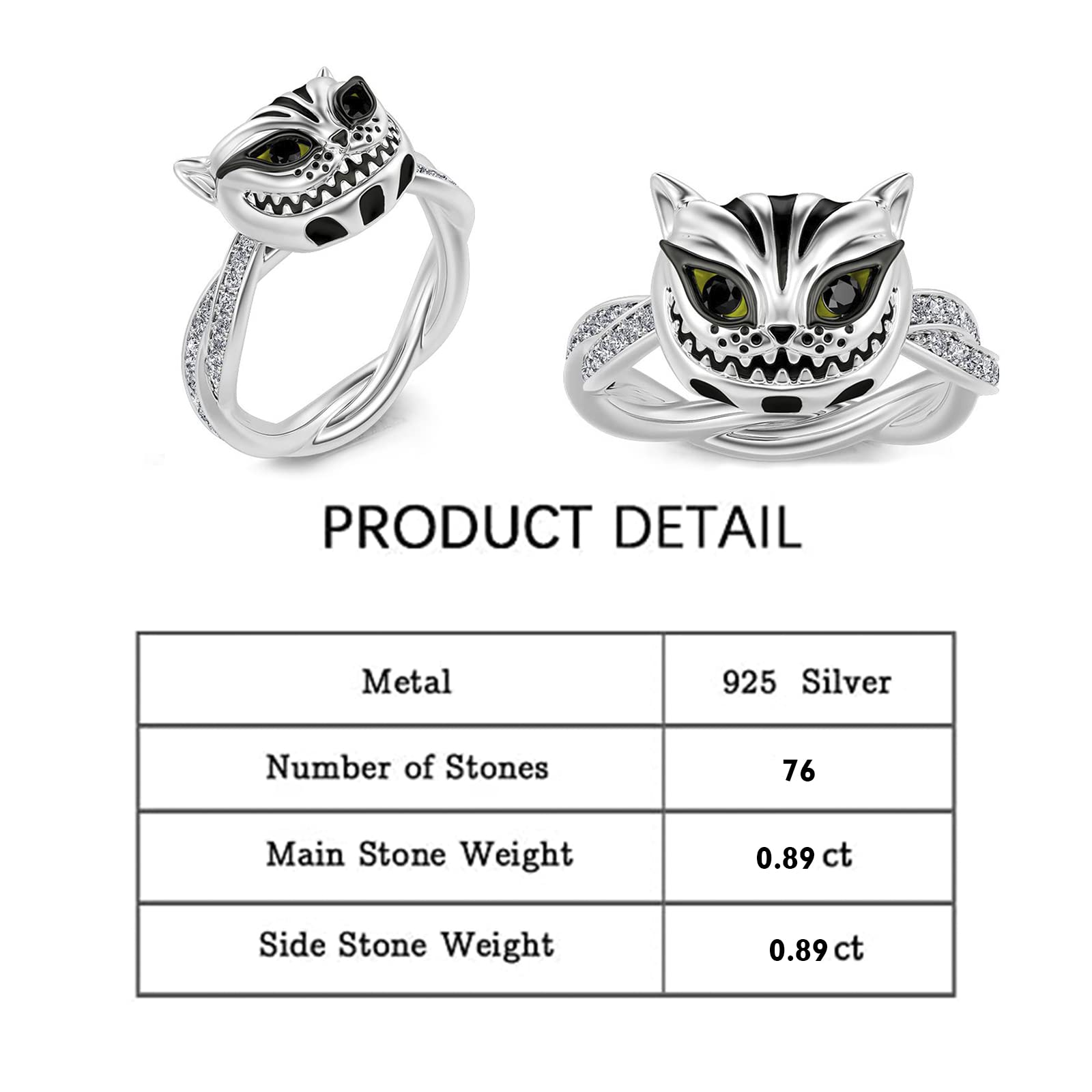 Jeulia Sterling Silver Cheshire Cat Rings for Women ​Enamel Rings Handmade Diamond White Fancy Black Cubic Zirconia ​Bridal Set Wedding Anniversary Engagement Promise with Jewelry Gift Box, silver,