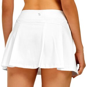 Stelle Women Tennis Skirt Golf Skorts Athletic High Waisted with Pockets Inner Shorts Sport Workout Pleated Pickleball(White-Nylon,S)