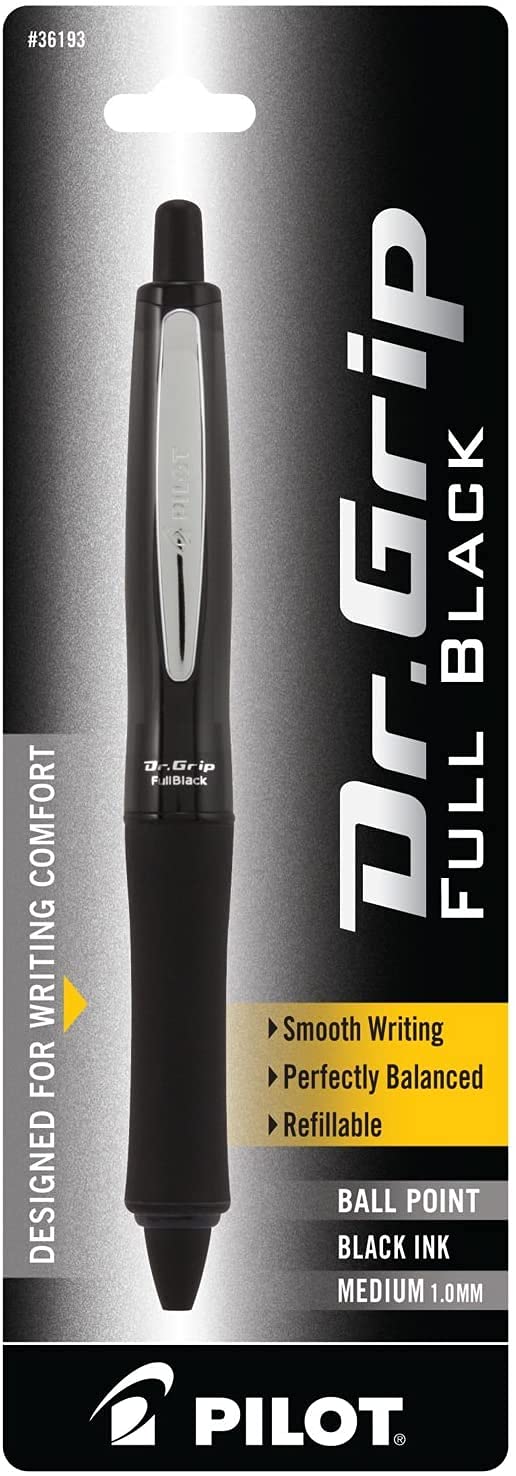 PILOT Dr. Grip FullBlack Refillable & Retractable Ballpoint Pen, Medium Point, Black Ink, 6 PACK