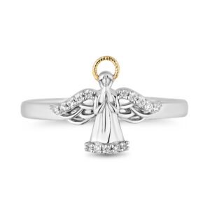 jewelili hallmark fine jewelry guardian angel ring in sterling silver and 14k yellow gold with diamonds, size 7