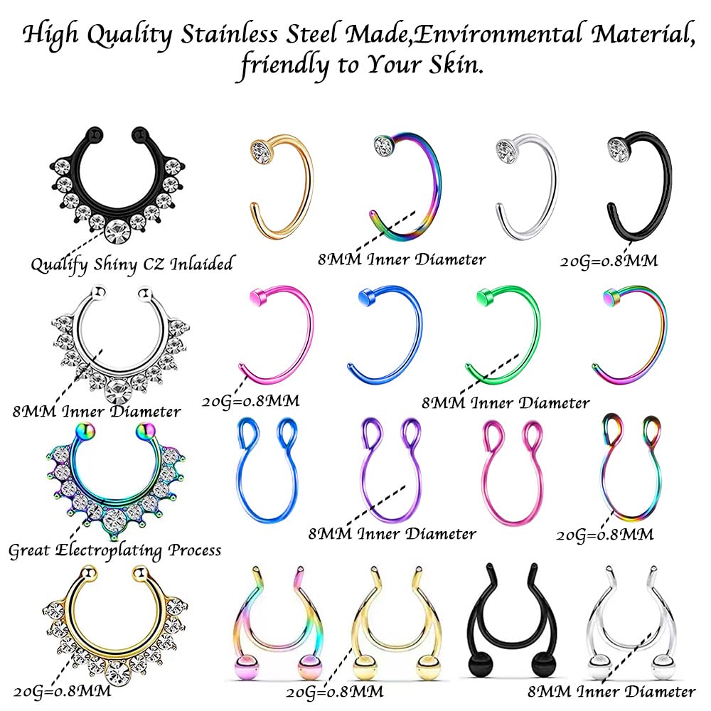 Naomimeier 20PCS Fake Nose Rings, Fake Septum Fake Nose Ring, Clip On Nose Ring, Faux Nose Ring, Fake Nose Piercings, Fake Lip Ear Nose Septum Rings, Stainless Steel Fake Piercings