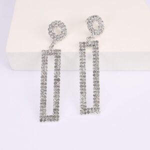 Legitta Rhinestone Long Drop Earrings Silver Cubic Zirconia Sparkly Statement Rectangle Dangle with Circle Studs for Women Wedding Jewelry