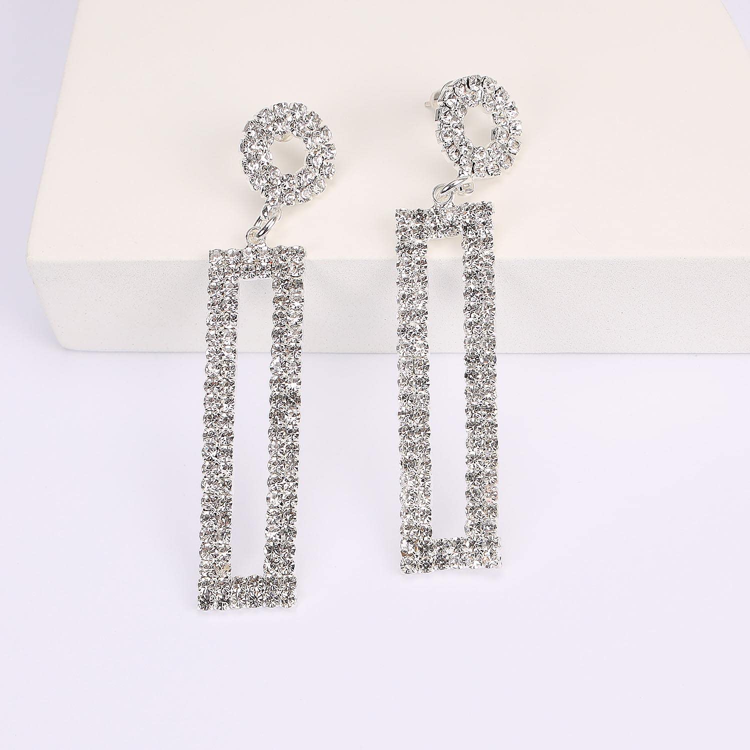 Legitta Rhinestone Long Drop Earrings Silver Cubic Zirconia Sparkly Statement Rectangle Dangle with Circle Studs for Women Wedding Jewelry