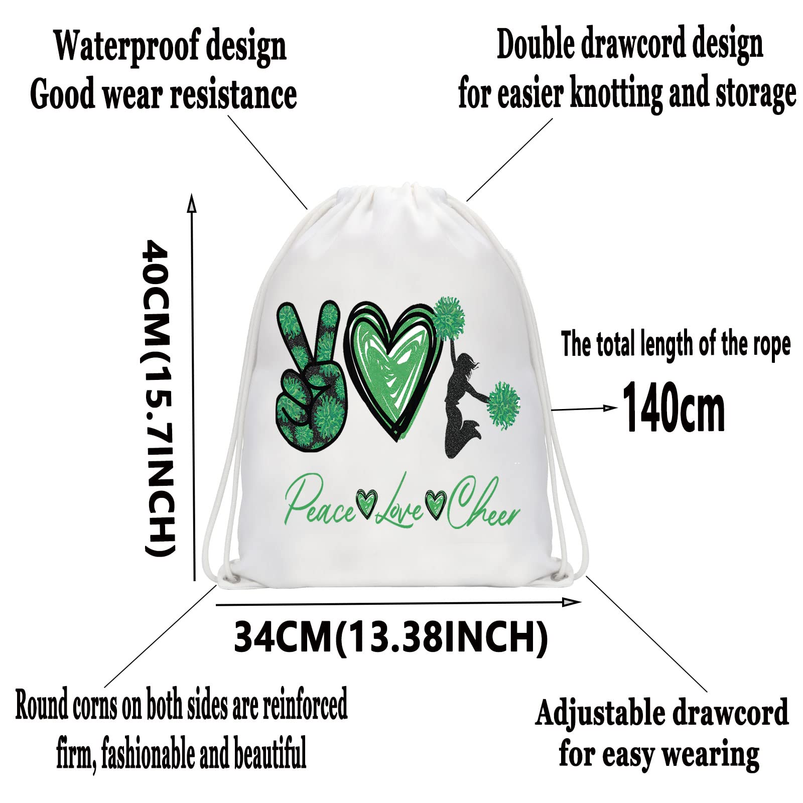 WZMPA Cheerleader Drawstring Backpack Cheerleading Leader Gift Peace Love Cheer Drawstring Travel Bag Cheer Team Merchandise (Peace Cheer)