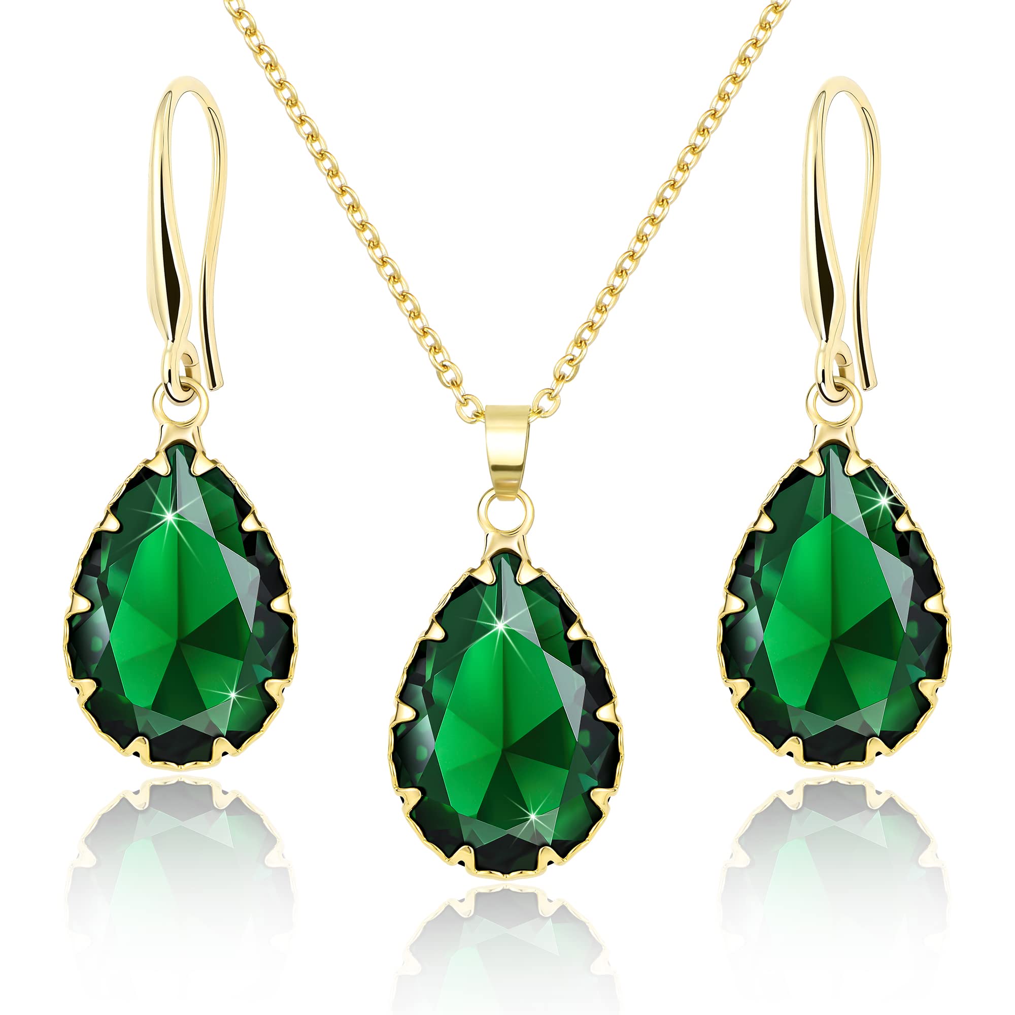 Linawe Emerald Crystal Jewelry Sets for Women, Gold Pendant Necklace Set, Green Diamond Drop Dangle Earrings Set, Boho Rhinestone Matching Jewelry for Wedding Bridal Bridesmaid